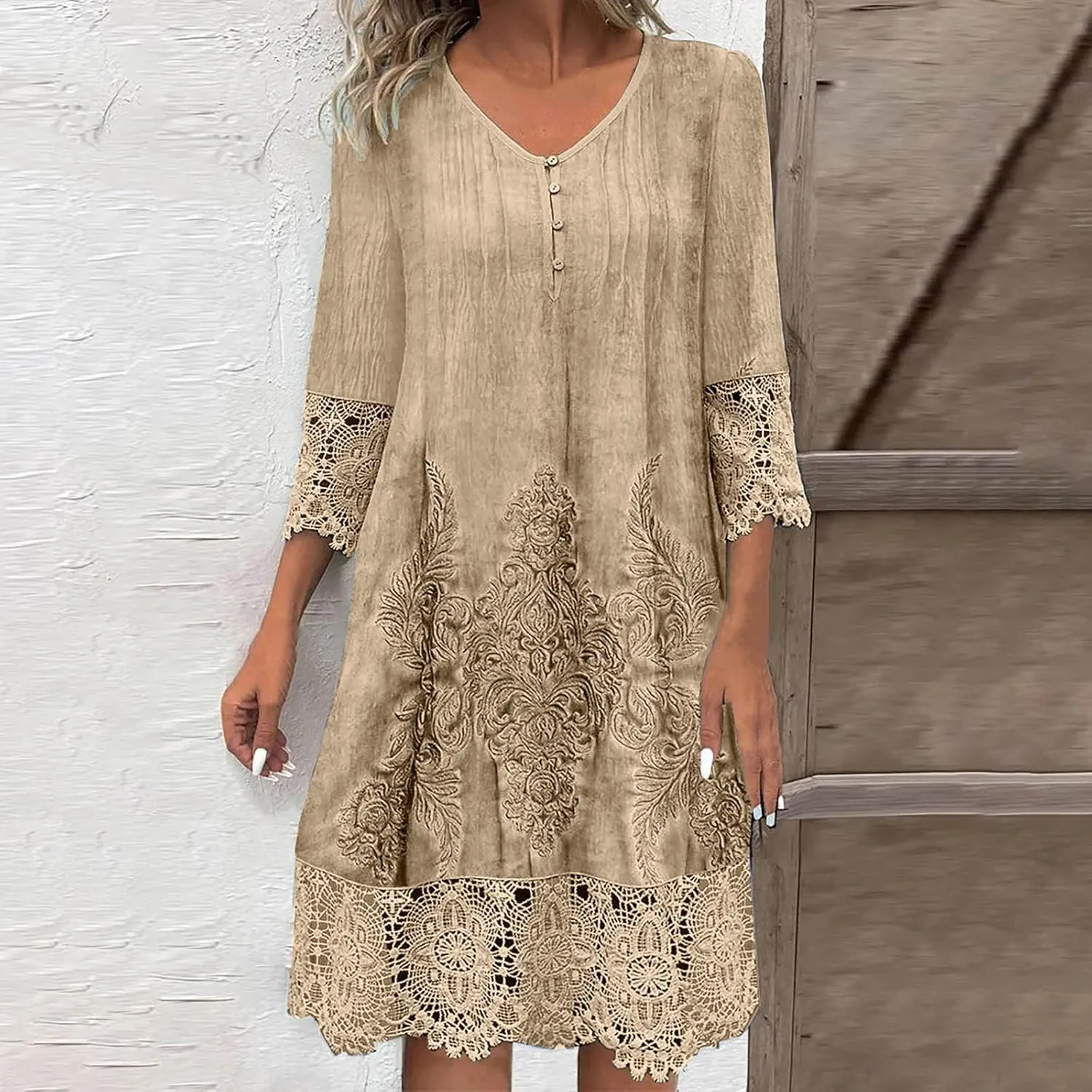 Women's Vintage Embroidered Midi Dress, 3/4 Sleeve V-Neck Half Button Elegant Dresses Fashion Hollow Out Loose Clothes