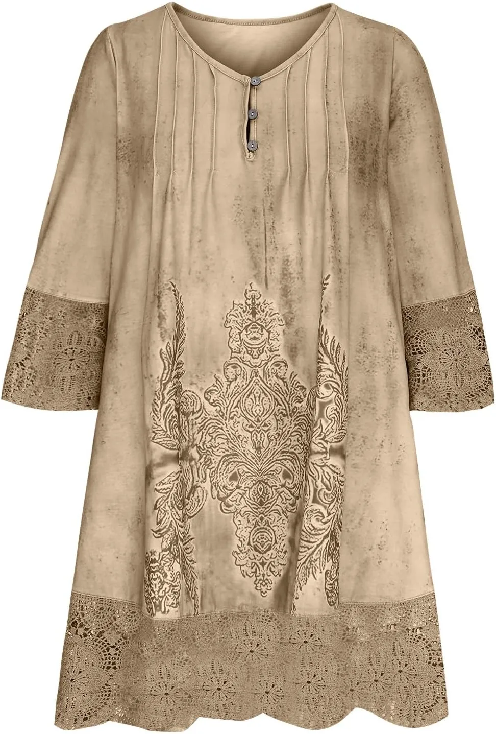 Women's Vintage Embroidered Midi Dress, 3/4 Sleeve V-Neck Half Button Elegant Dresses Fashion Hollow Out Loose Clothes