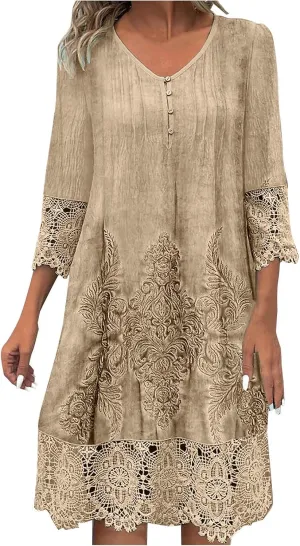 Women's Vintage Embroidered Midi Dress, 3/4 Sleeve V-Neck Half Button Elegant Dresses Fashion Hollow Out Loose Clothes