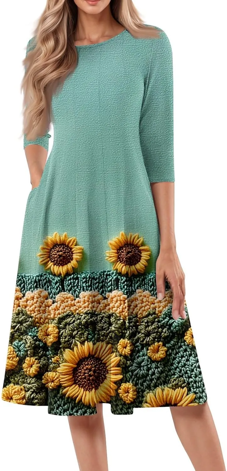 Women's Wedding Guest Dresses 3/4 Sleeve O Neck Midi Dress Boho Floral Print A Line Swing Cocktail Party Dresses