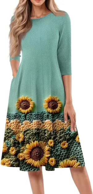 Women's Wedding Guest Dresses 3/4 Sleeve O Neck Midi Dress Boho Floral Print A Line Swing Cocktail Party Dresses