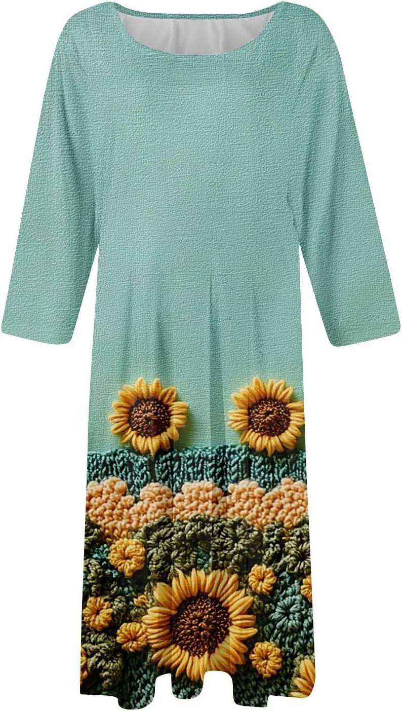 Women's Wedding Guest Dresses 3/4 Sleeve O Neck Midi Dress Boho Floral Print A Line Swing Cocktail Party Dresses