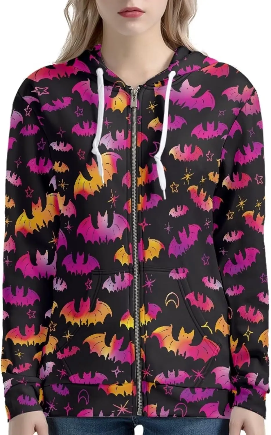 Women's Zip Up Hoodies Long Sleeve Hooded Sweatshirt Teen Girls Jacket Novelty Print Pullover