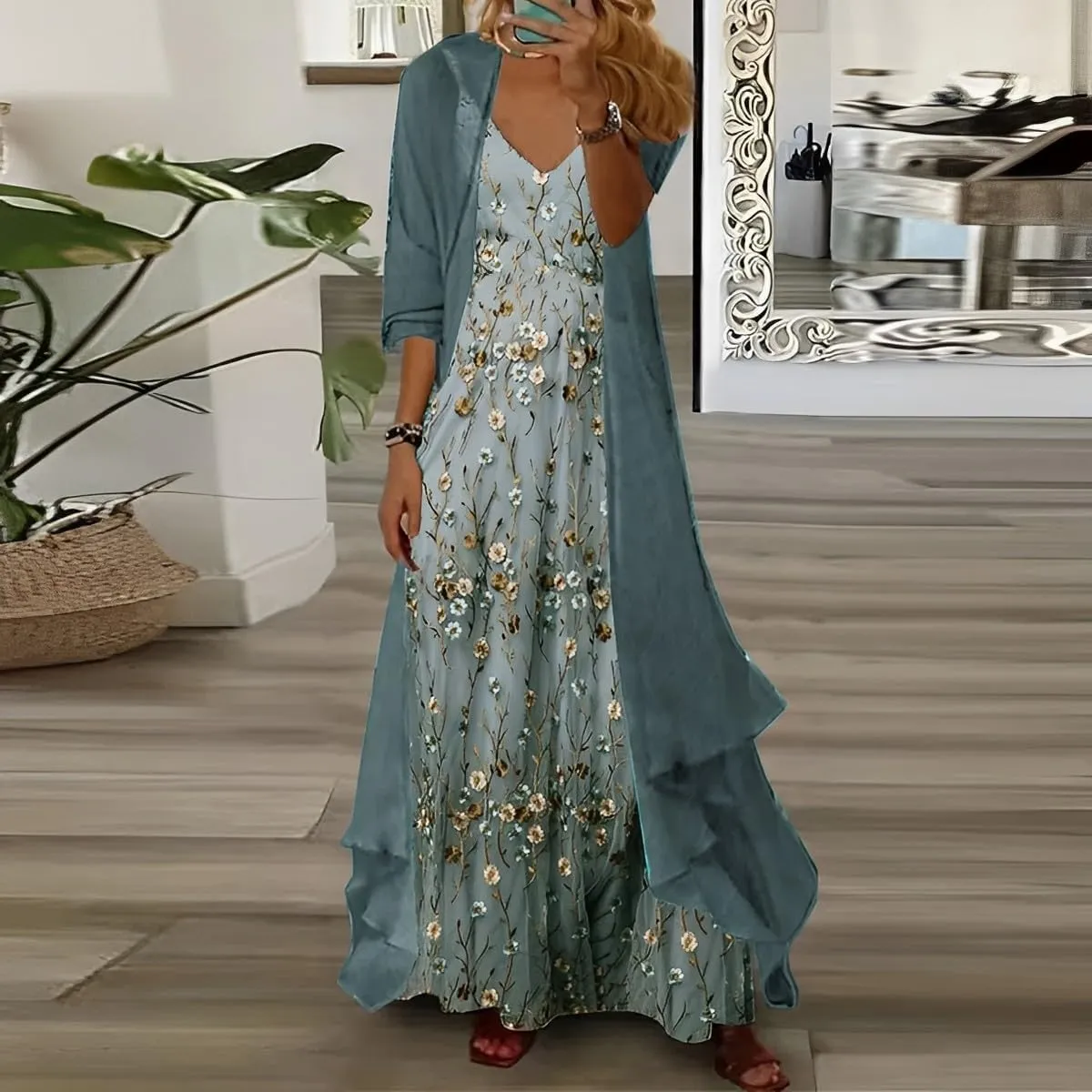 Womens's Casual 2 Piece Set Boho Floral Print Maxi Dress with Cardigan Flowy Chiffon Wedding Guest Dresses for Women