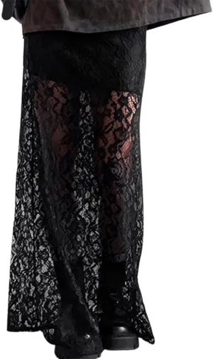 Y2K Lace Maxi Skirts for Women Floral Lace Mesh Sheer Long Skirts Asymmetrical Hem See-Through Half Slip Skirts