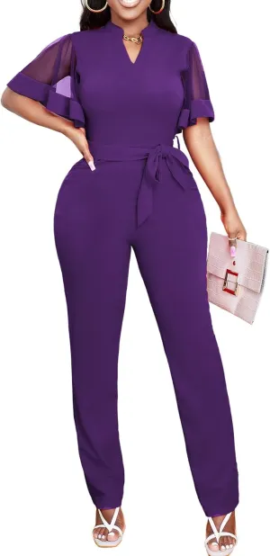Yiershu Women's Jumpsuits Casual Dressy One Piece Outfits V Neck Formal Short Sleeve Mesh Ruffle Sleeve Romper