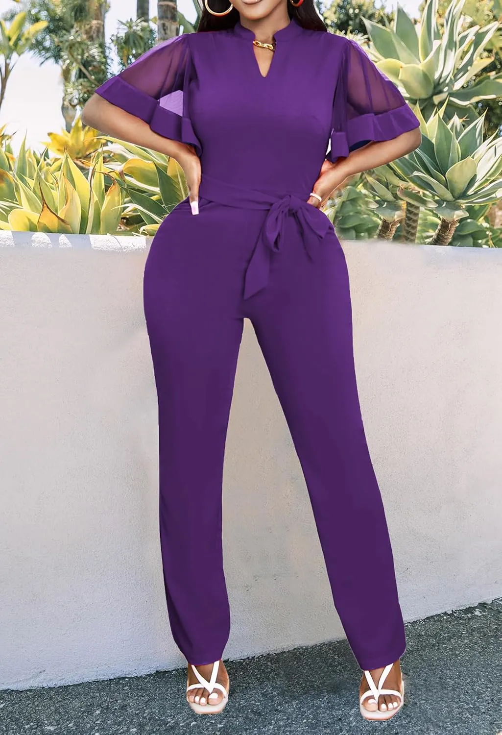 Yiershu Women's Jumpsuits Casual Dressy One Piece Outfits V Neck Formal Short Sleeve Mesh Ruffle Sleeve Romper