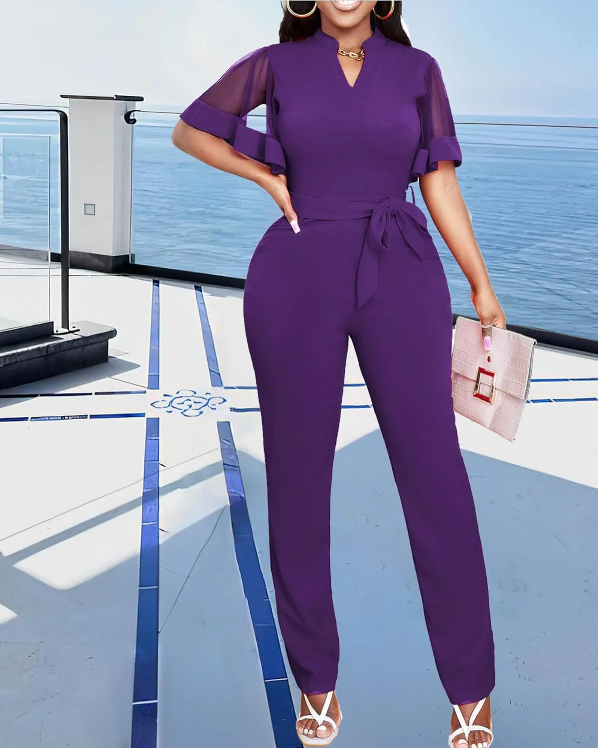 Yiershu Women's Jumpsuits Casual Dressy One Piece Outfits V Neck Formal Short Sleeve Mesh Ruffle Sleeve Romper