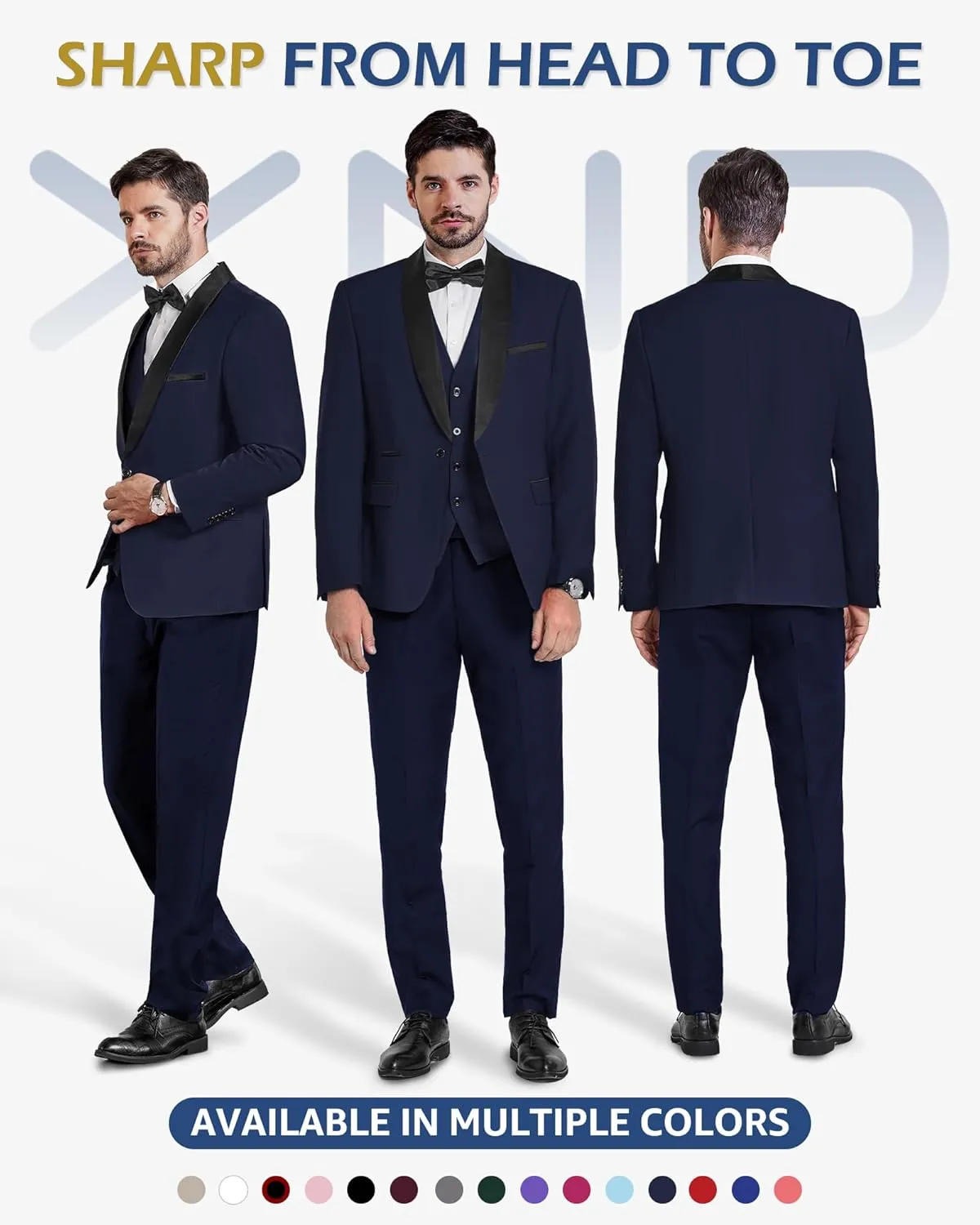 YND Men's 3 Piece Slim Fit Tuxedo Set, One Button Shawl Collar Solid Jacket Vest Pants with Bow Tie