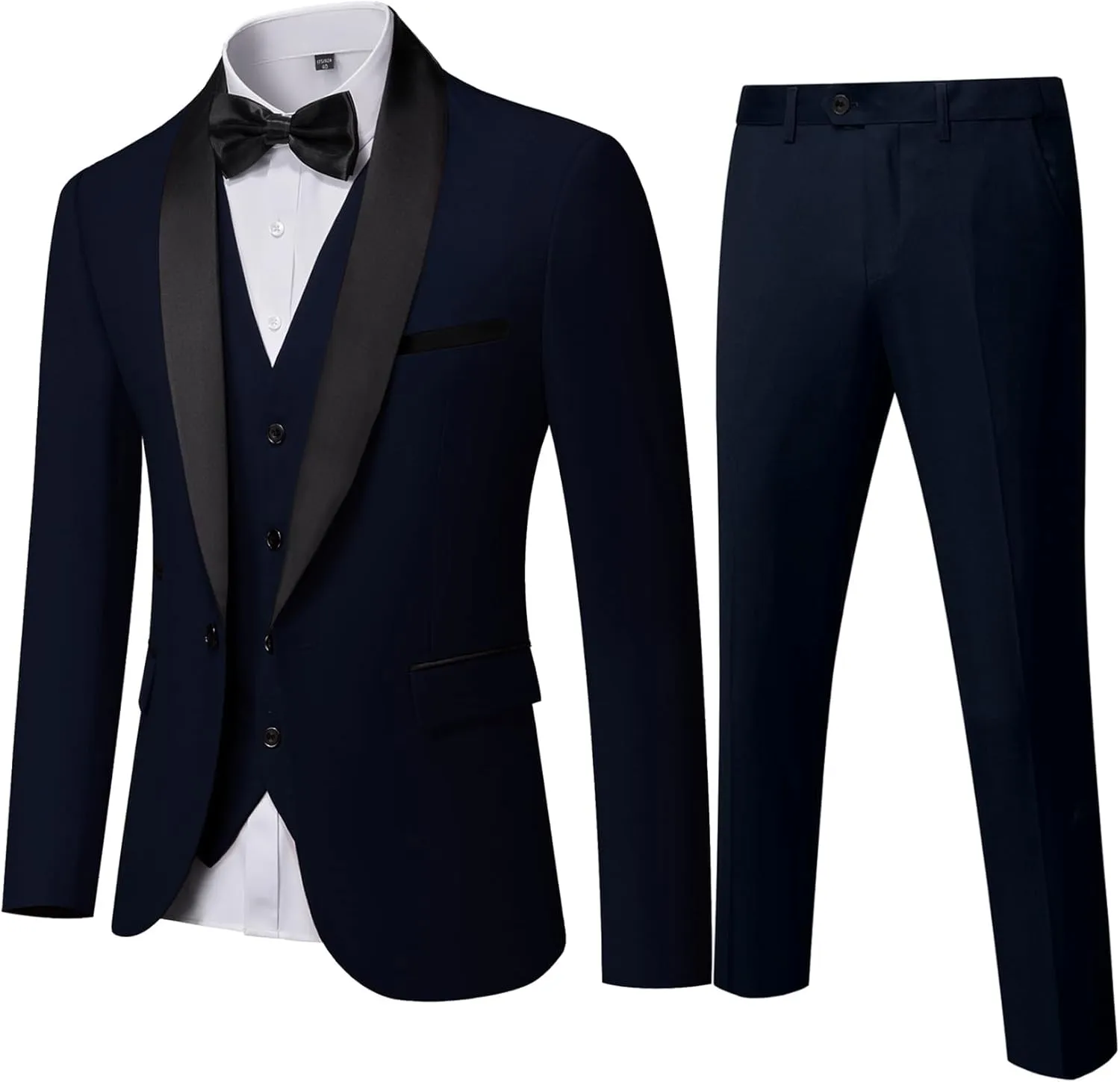 YND Men's 3 Piece Slim Fit Tuxedo Set, One Button Shawl Collar Solid Jacket Vest Pants with Bow Tie