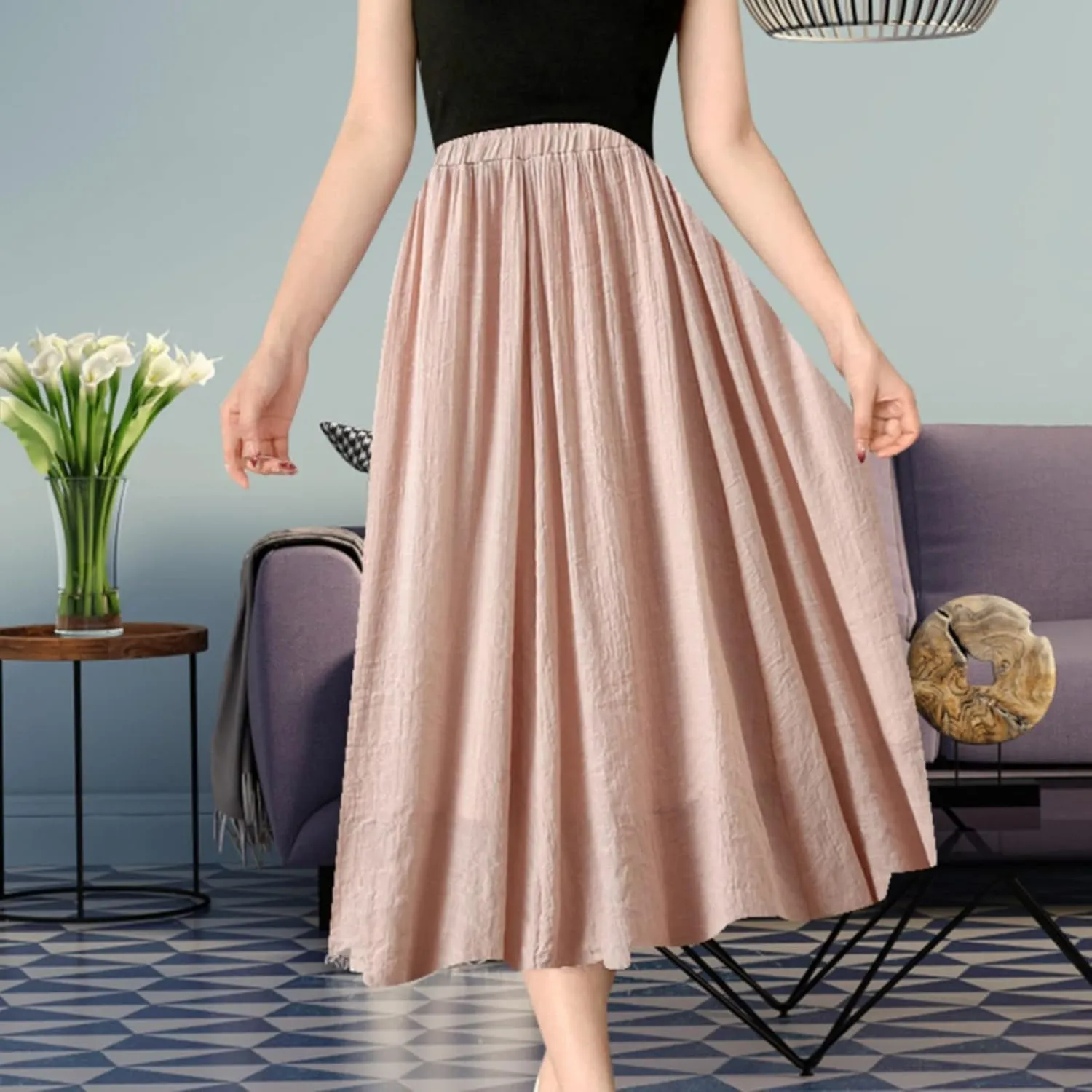 YOLAI Women Cotton and Linen Skirt Solid Color Casual Pleated Skirt Elastic Waist Drawstring A-Line Swing Skirt