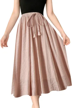 YOLAI Women Cotton and Linen Skirt Solid Color Casual Pleated Skirt Elastic Waist Drawstring A-Line Swing Skirt