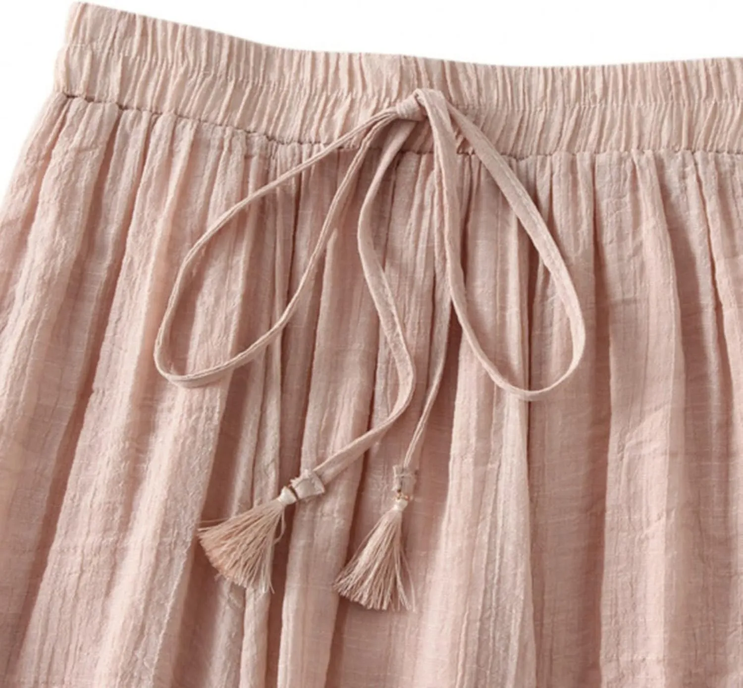 YOLAI Women Cotton and Linen Skirt Solid Color Casual Pleated Skirt Elastic Waist Drawstring A-Line Swing Skirt