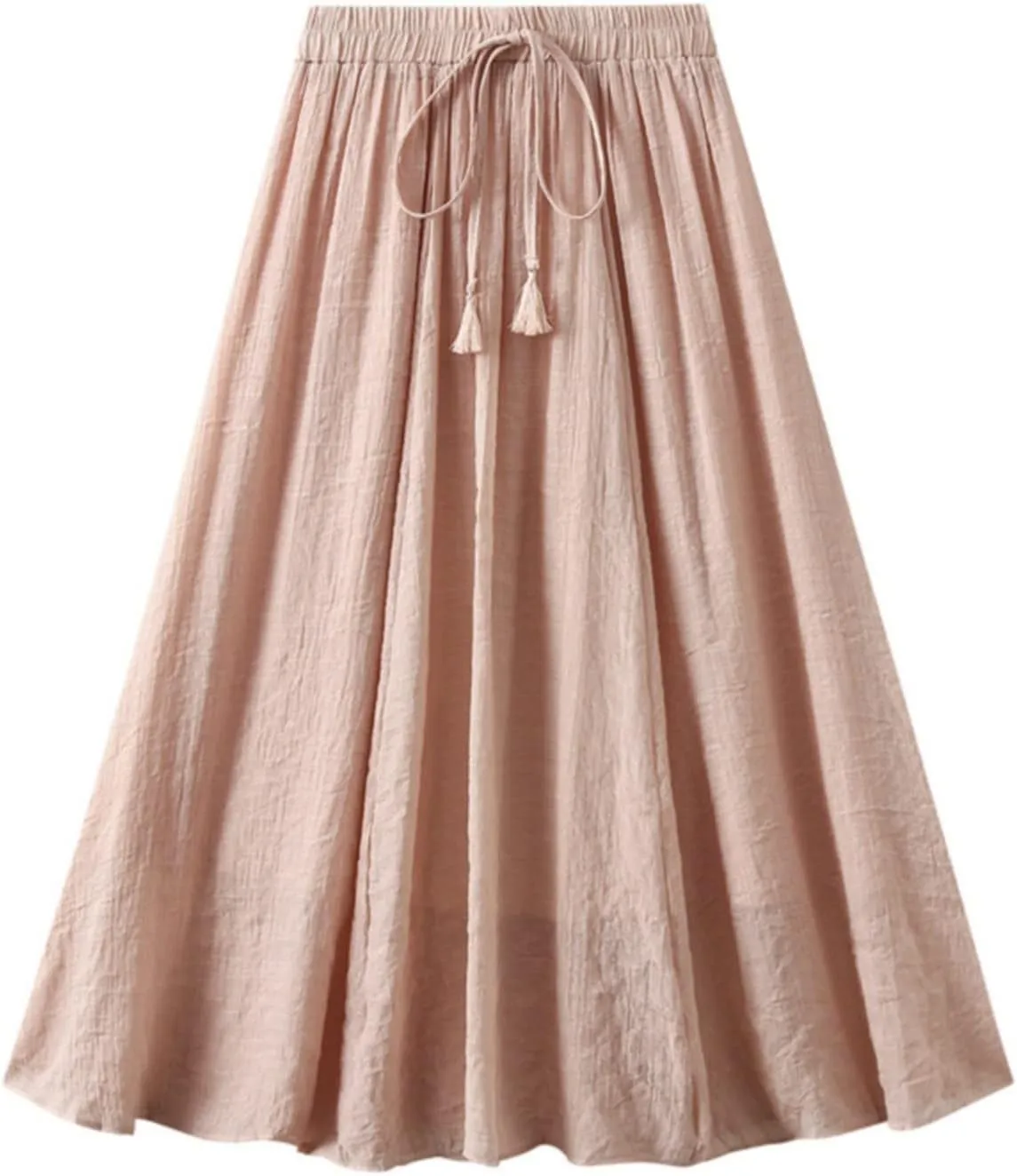 YOLAI Women Cotton and Linen Skirt Solid Color Casual Pleated Skirt Elastic Waist Drawstring A-Line Swing Skirt
