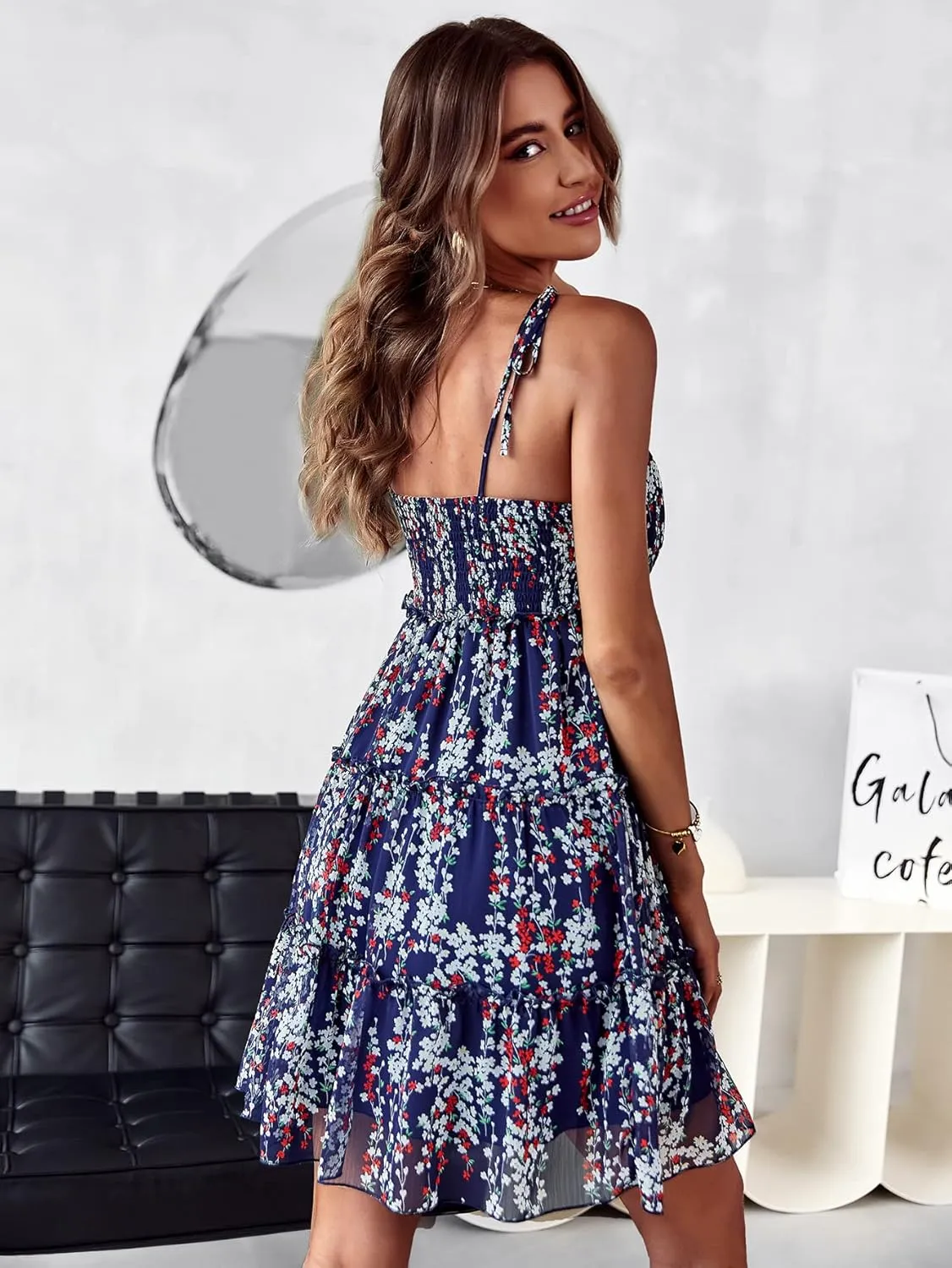 YOXUA Women's Boho Summer Spaghetti Straps Mini Dress, Sleeveless Floral Print Backless Hem Pleated Ruffle Swing Dresses