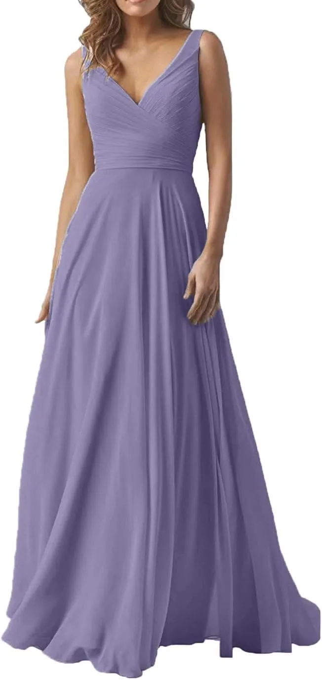 YUESUO Women's Dusty Purple Double V Neck Wedding Bridesmaid Dresses Long A-Line Chiffon Formal Evening Dress