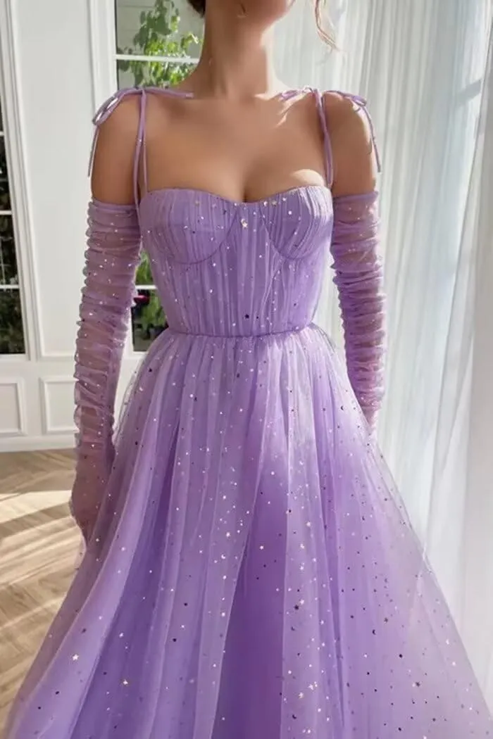 Zepumen Sparkly Starry Tulle Prom Dresses for Women Long Sleeves Spaghetti Straps Long Formal Evening Party Gowns