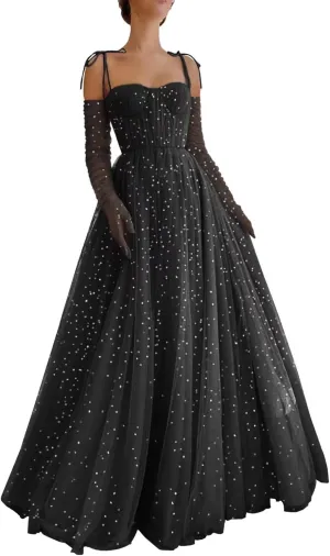 Zepumen Sparkly Starry Tulle Prom Dresses for Women Long Sleeves Spaghetti Straps Long Formal Evening Party Gowns