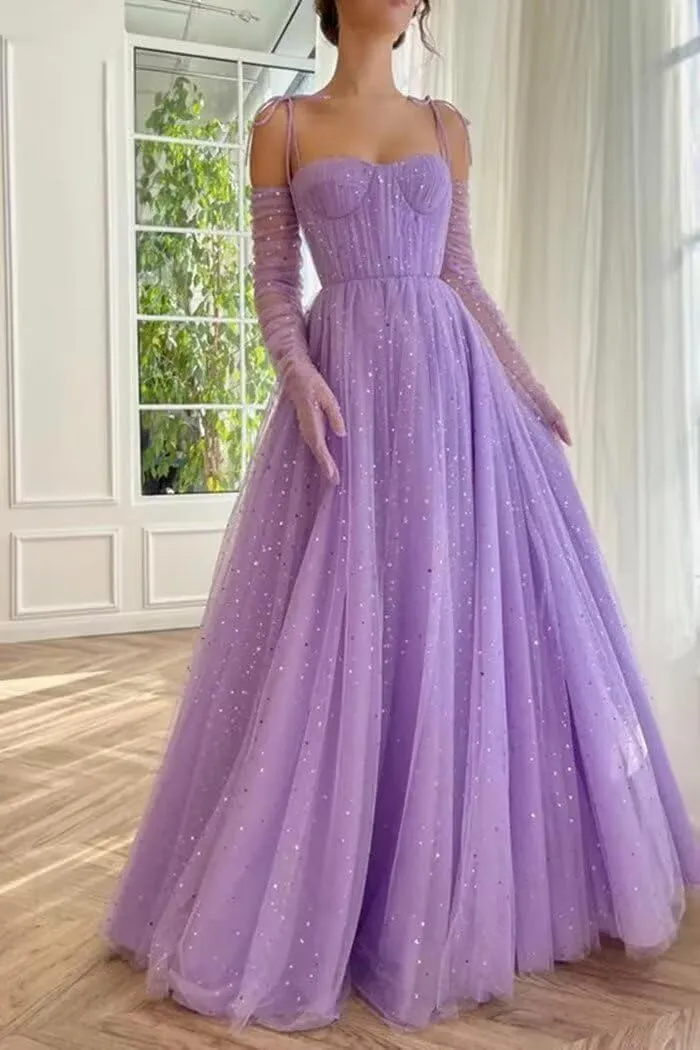 Zepumen Sparkly Starry Tulle Prom Dresses for Women Long Sleeves Spaghetti Straps Long Formal Evening Party Gowns