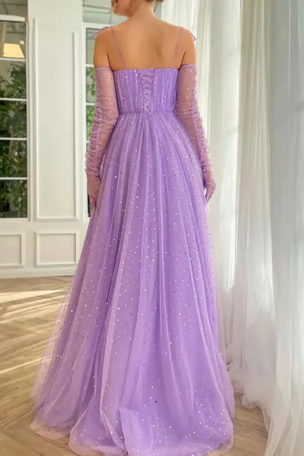 Zepumen Sparkly Starry Tulle Prom Dresses for Women Long Sleeves Spaghetti Straps Long Formal Evening Party Gowns