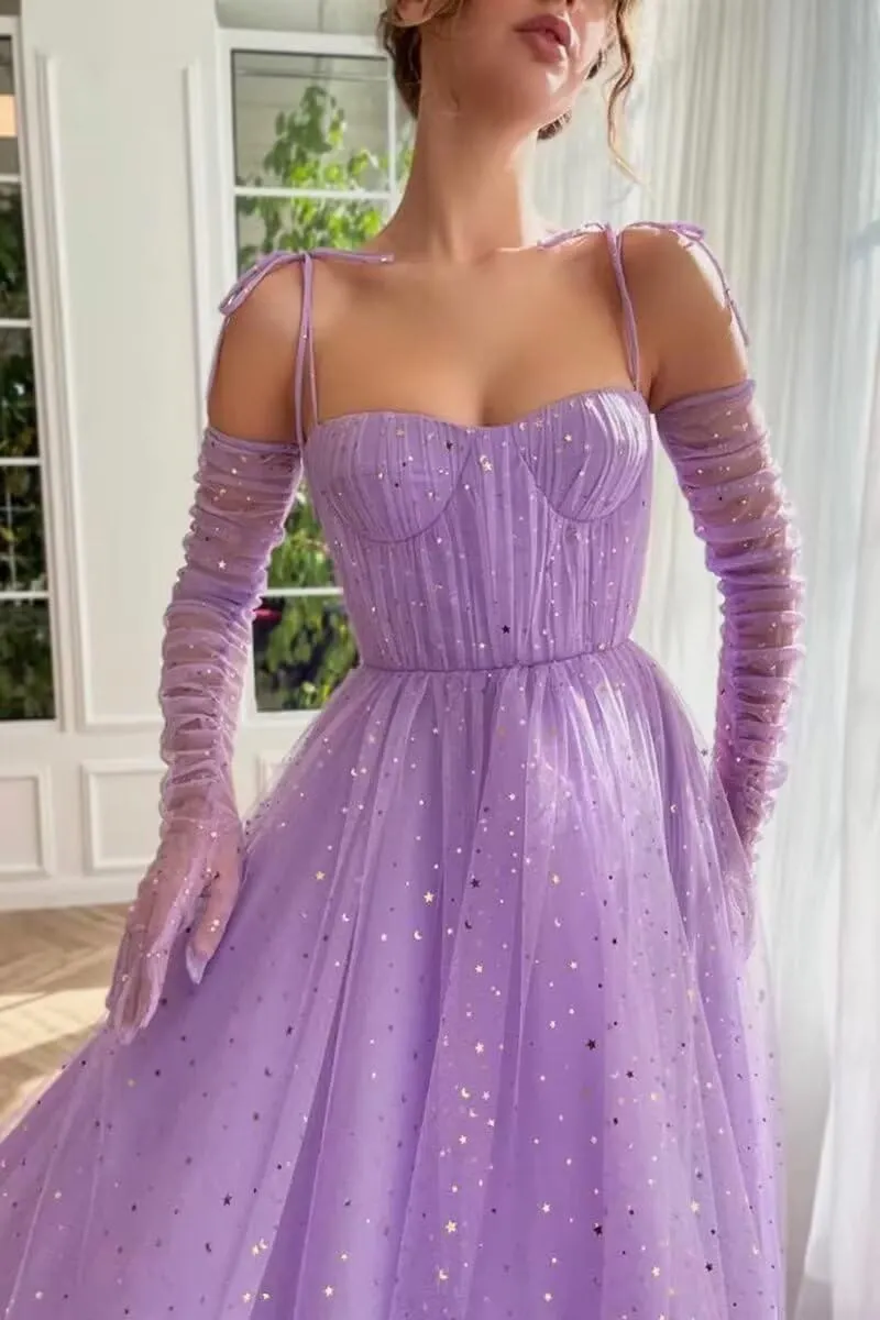 Zepumen Sparkly Starry Tulle Prom Dresses for Women Long Sleeves Spaghetti Straps Long Formal Evening Party Gowns